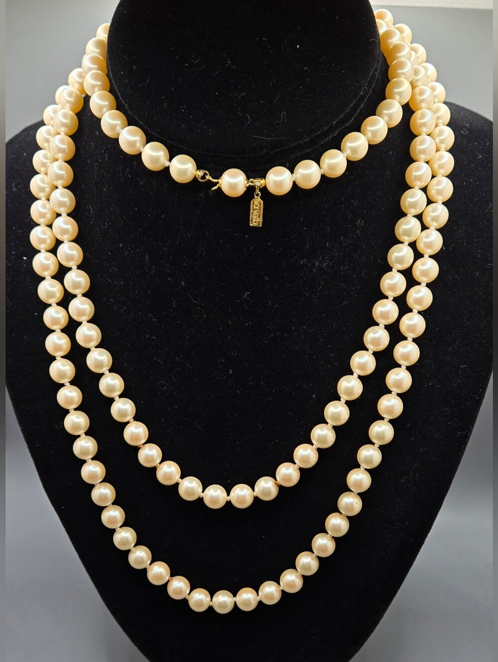 Marvella Cream Pearl Necklace 52" Long 8mm Acrylic Hand Knotted Vintage